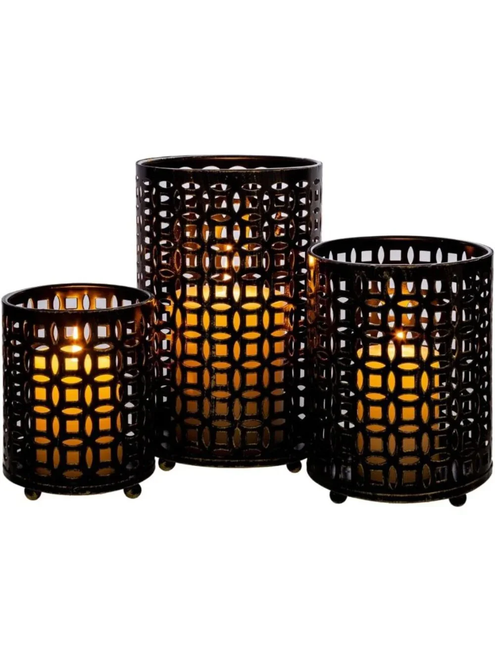 Set of 3 Vintage Metal Candle Holders - Decorative Tealight & Pillar